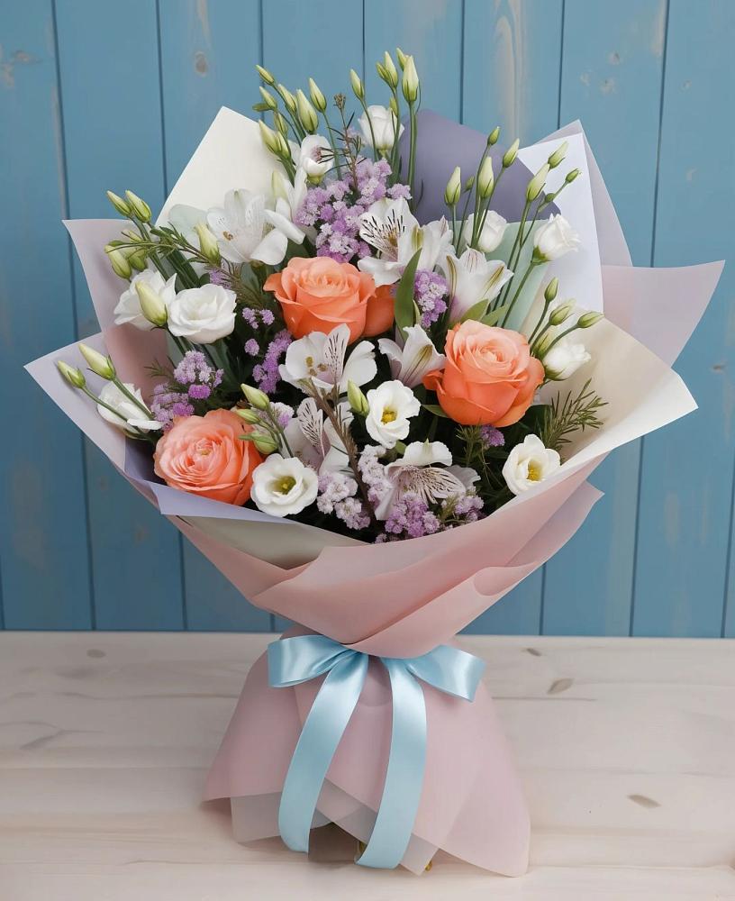 Букет цветов из: Лизиантусы, Розы, Альстромерии и Гипсофила в Печоре